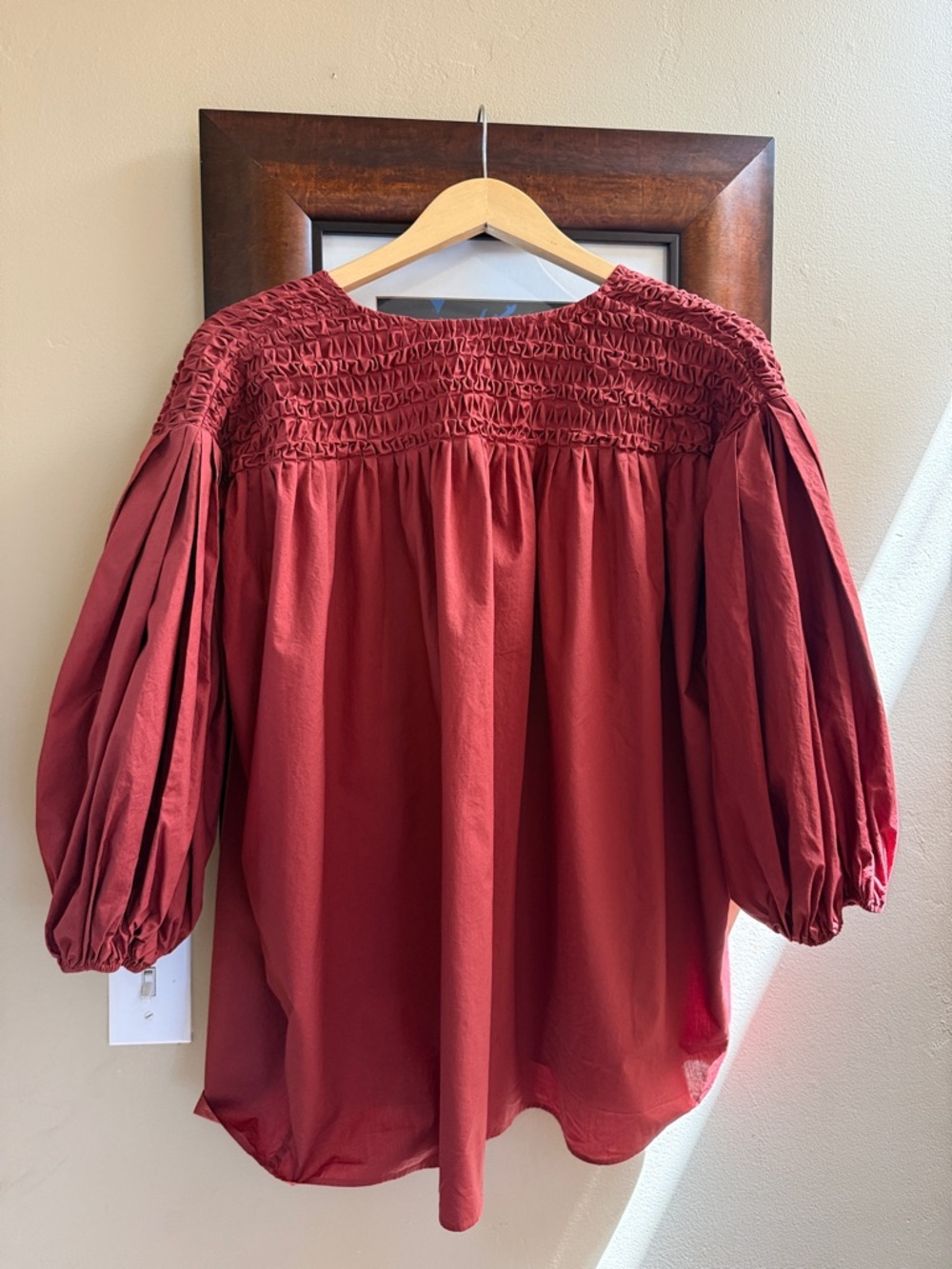Merlette Dalen Top M Terracotta Pima Cotton Smocked Yoke Pleated Sleeve Blouse - Picture 9 of 9